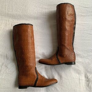 Vintage Prada Woven Leather Riding Knee High Pointy Toe Boots Brown Tan Black